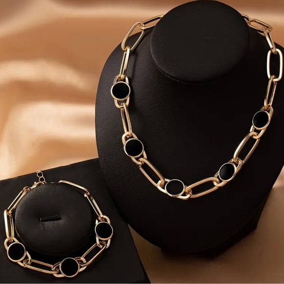 Chunky Luxury Gold Chain Necklace & Bracelet Set with Bold Black Accents Modern - Picture 5 of 5